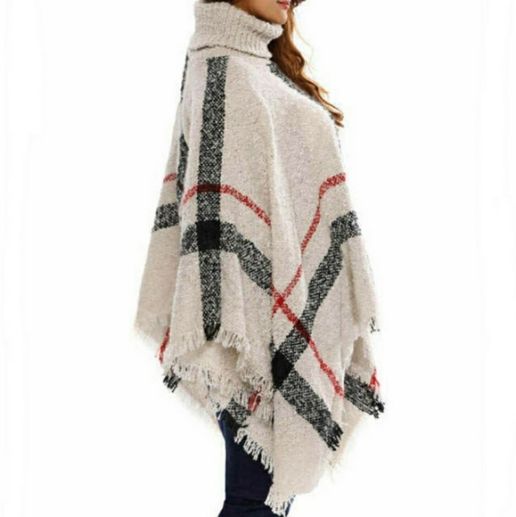 Plaid Poncho Shawl Turtleneck OS Beige Plaid NWT - Picture 2 of 6